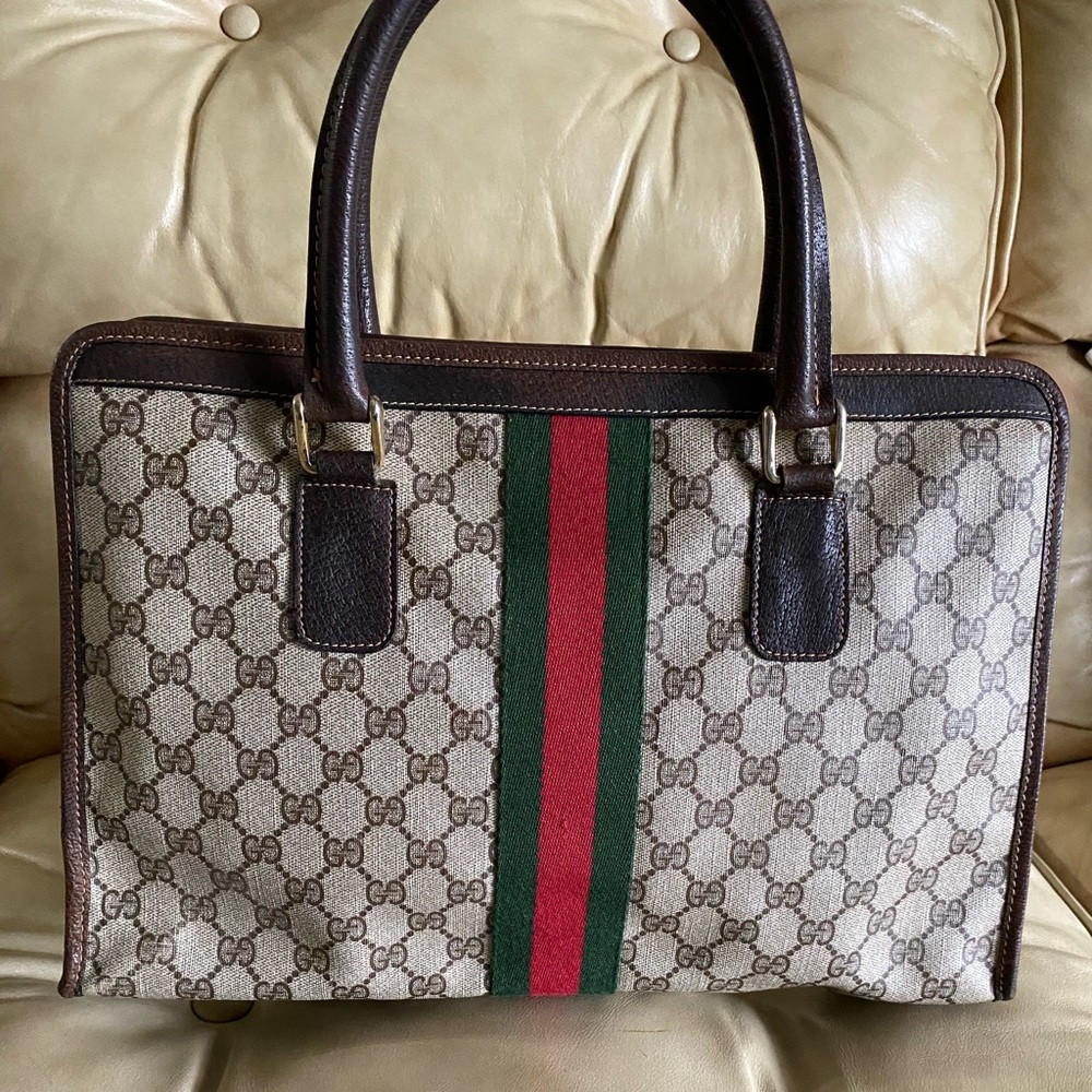 Authentic Gucci Vintage Large Tote Unisex Business Bag GG Web Stripe Attache - Picture 6 of 15